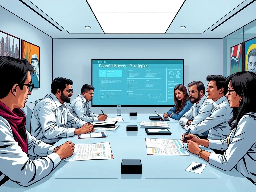 A diverse group of potential buyers reviewing documents in a conference room, representing the marketing and exposure phase of selling a company. The atmosphere is professional and engaging.