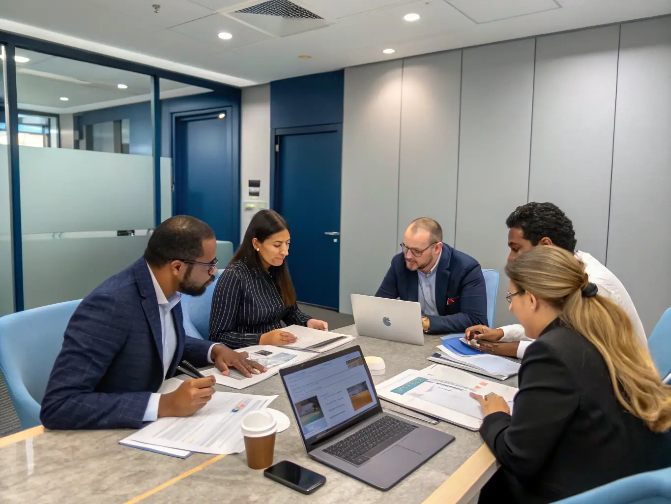 A team of consultants reviewing documents and conducting due diligence for a potential business acquisition.