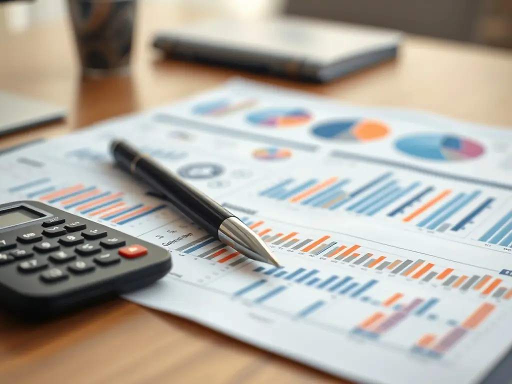 A detailed financial report with charts and graphs, representing the preparation and financial optimization stage of selling a company. A calculator and pen are placed on top of the report.