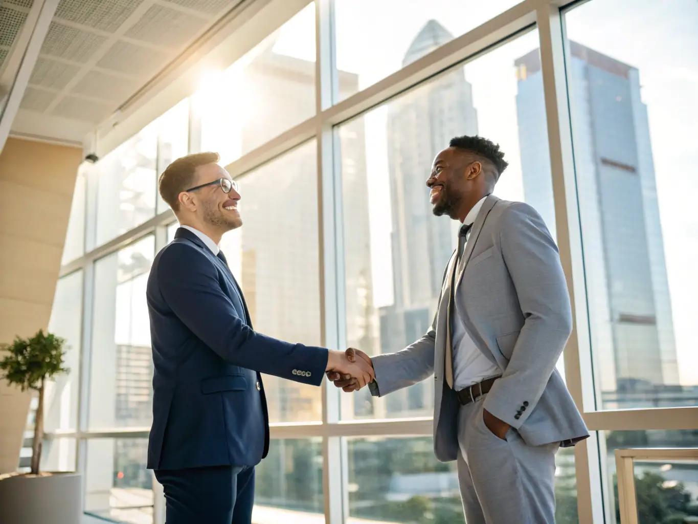 A professional businessman in a suit shaking hands with a businesswoman in a modern office setting, symbolizing the initial consultation phase of selling a company. The office has large windows with a cityscape view in the background.