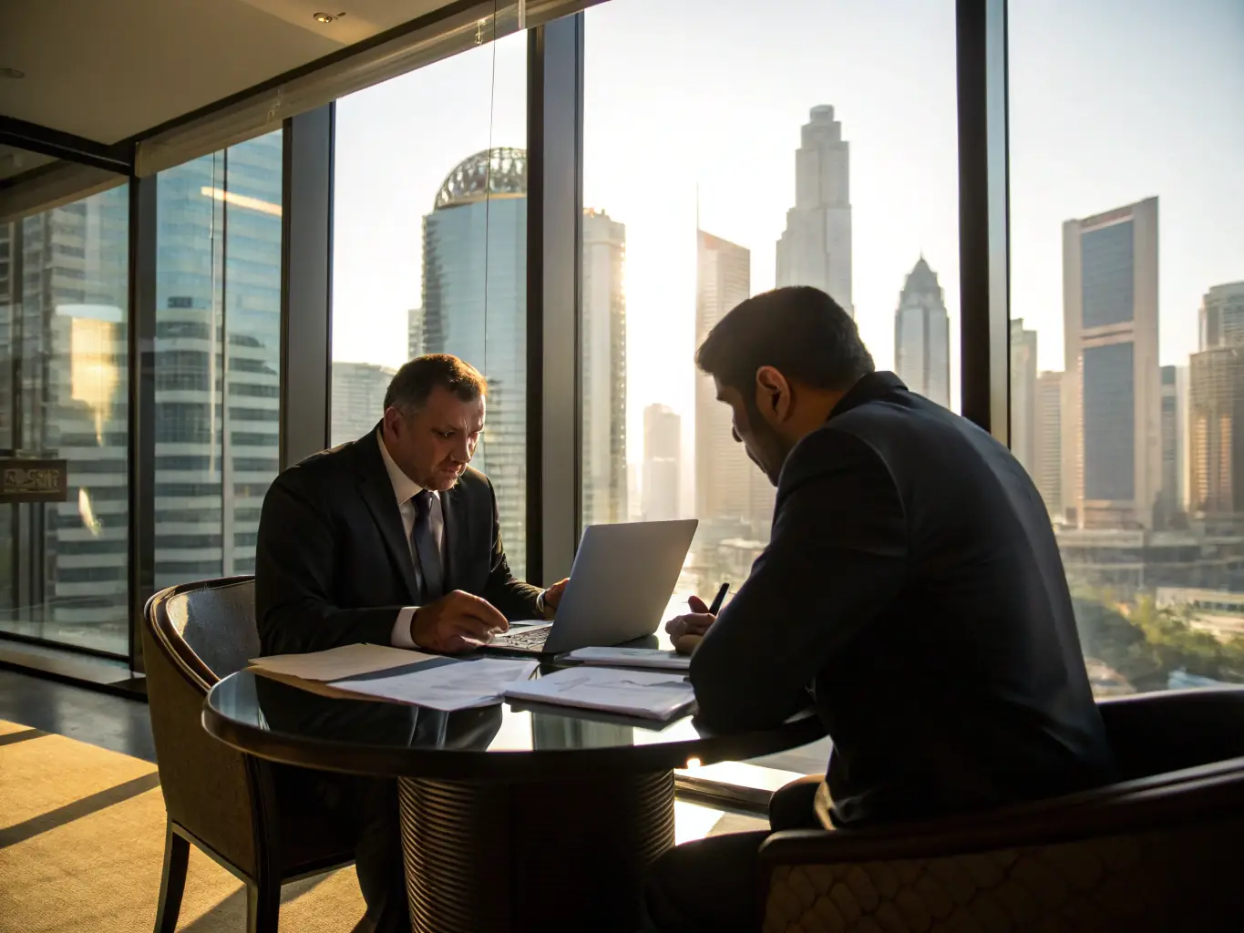 A consultant providing negotiation support during a business transaction meeting.