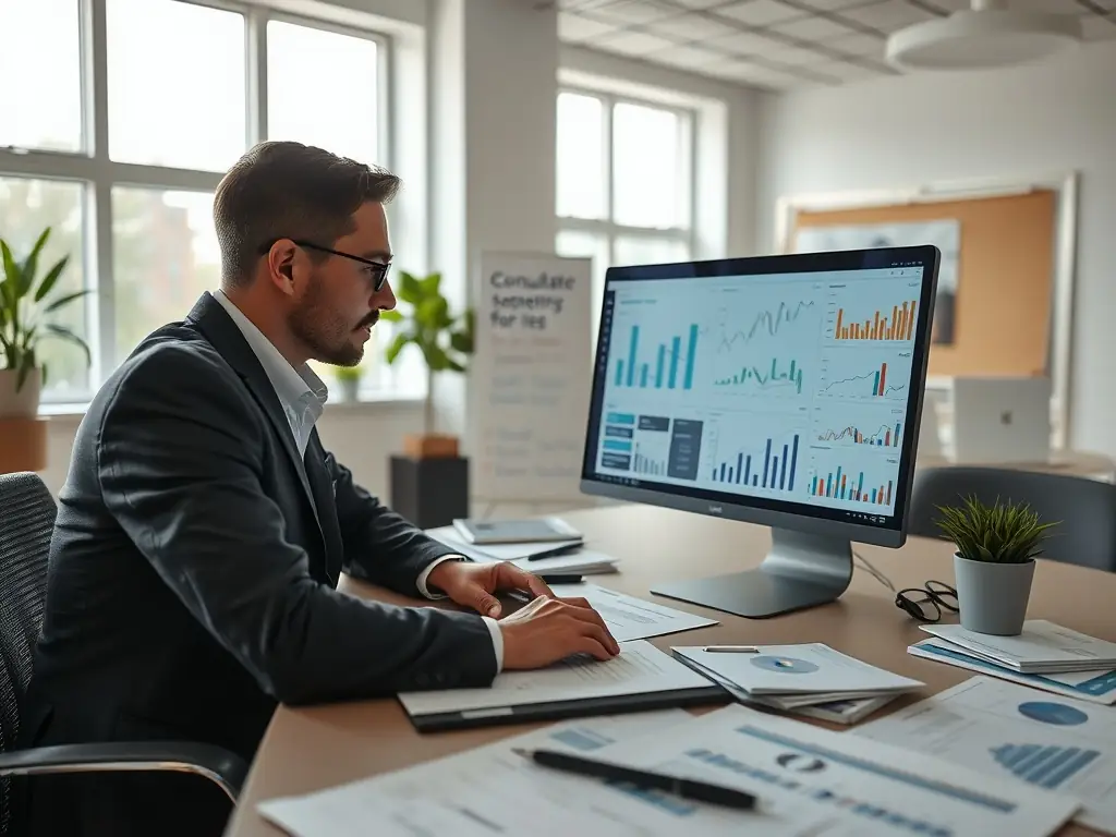 A consultant analyzing financial statements and market data, representing the business valuation service offered by Ipsilon Solutions.